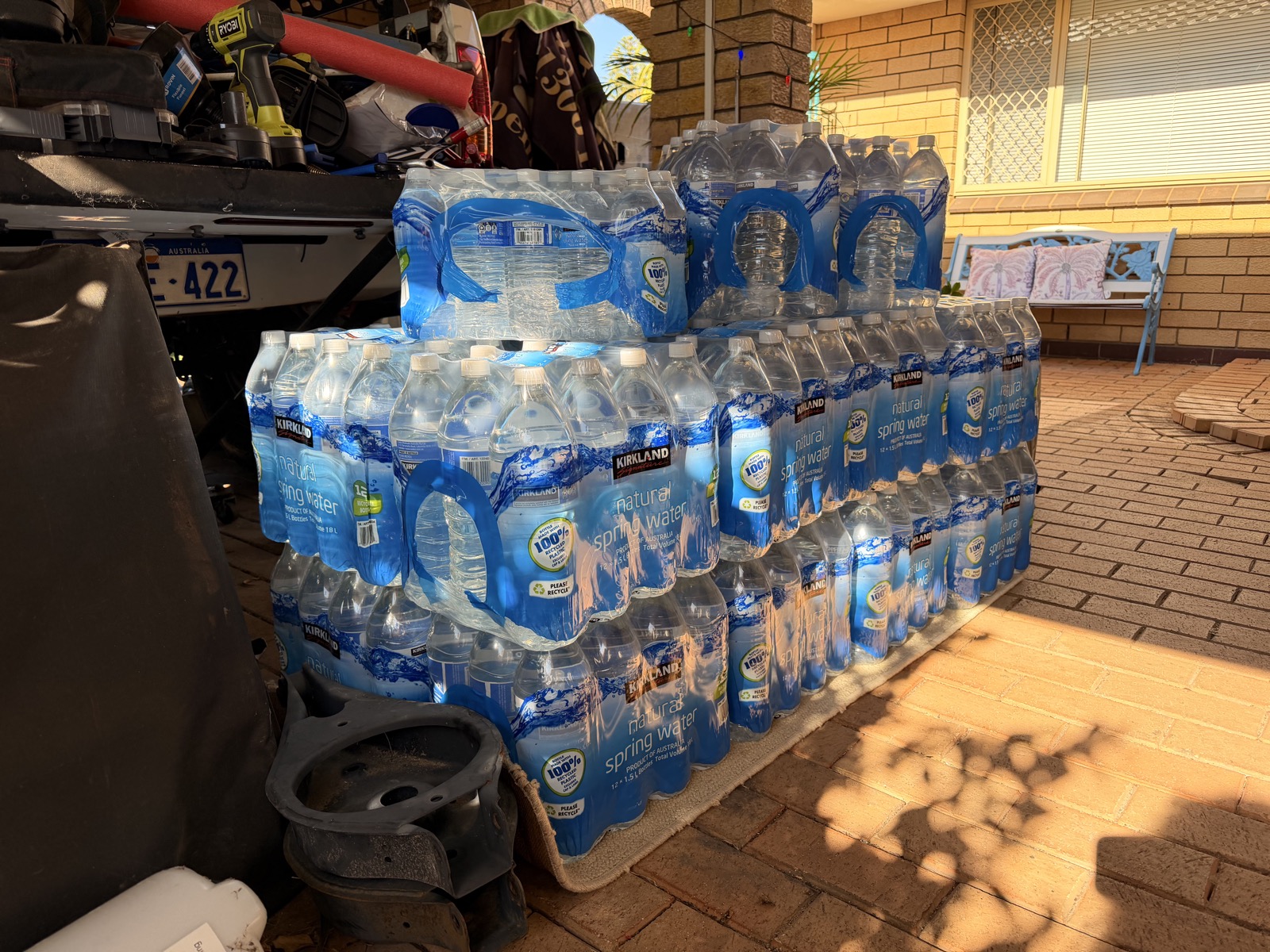 Bottled water stacked in bulk before distribution