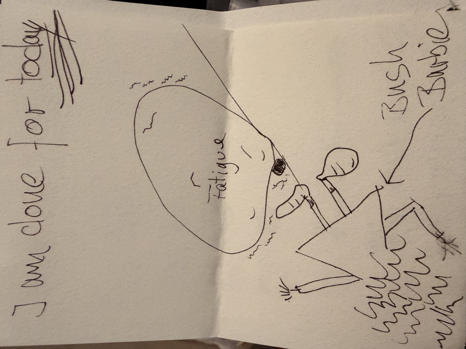 Cartoon of a figure flattened under a balloon marked Fatigue