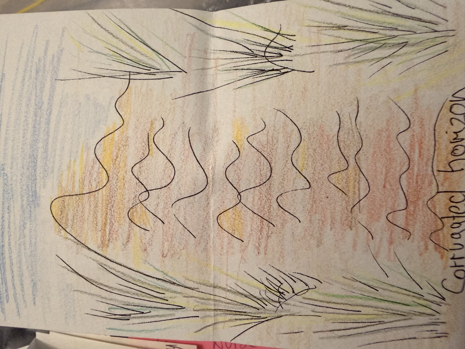 Coloured-pencil drawing of a dune field captioned corrugated horizon